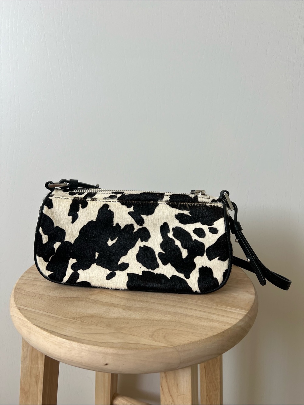 Black & White Cow Print Leather Shoulder Bag - Picture 3 of 5